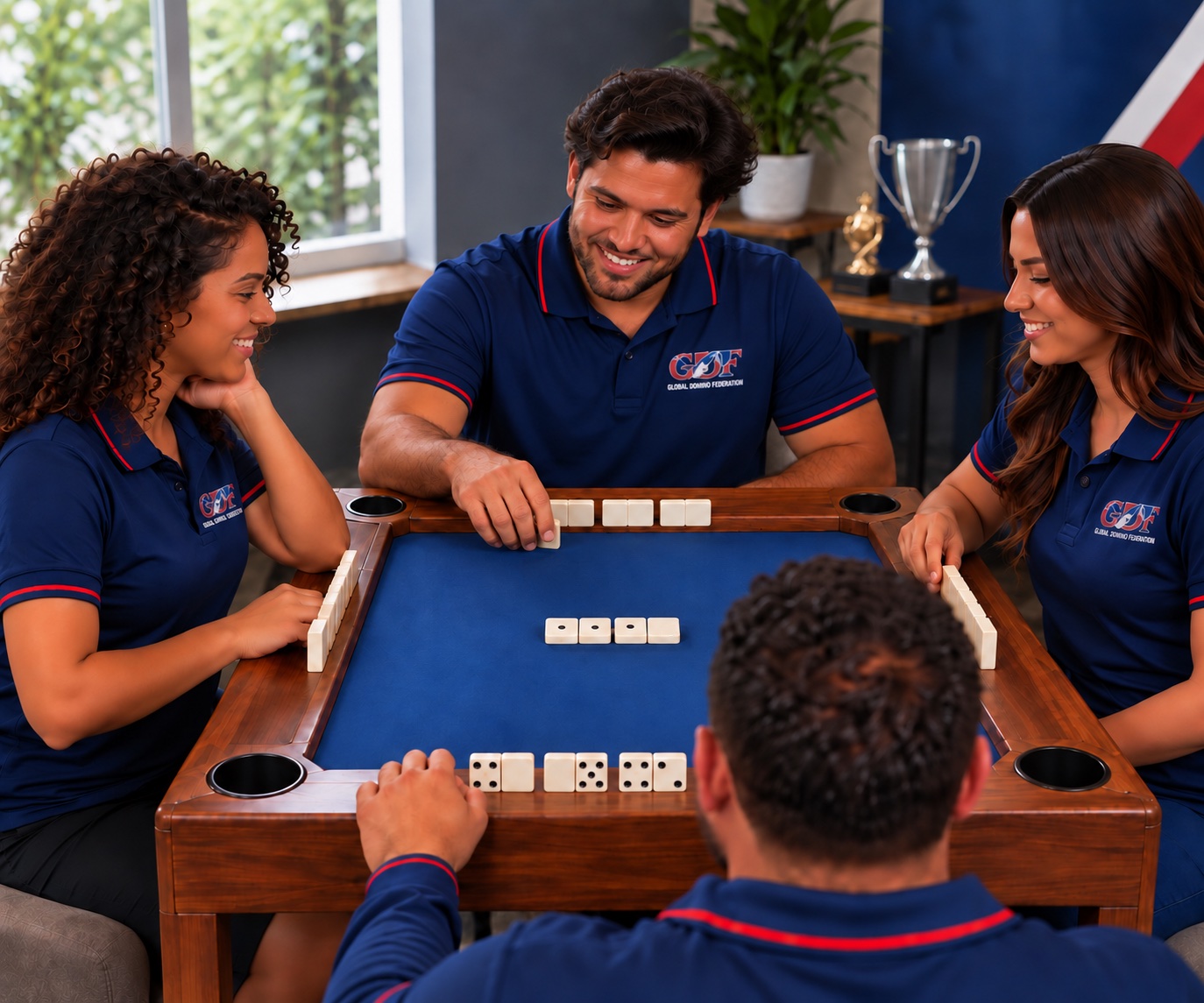 Cuatro jugadores, uno por lado de la mesa, en la fotografía del Inicio aprobado