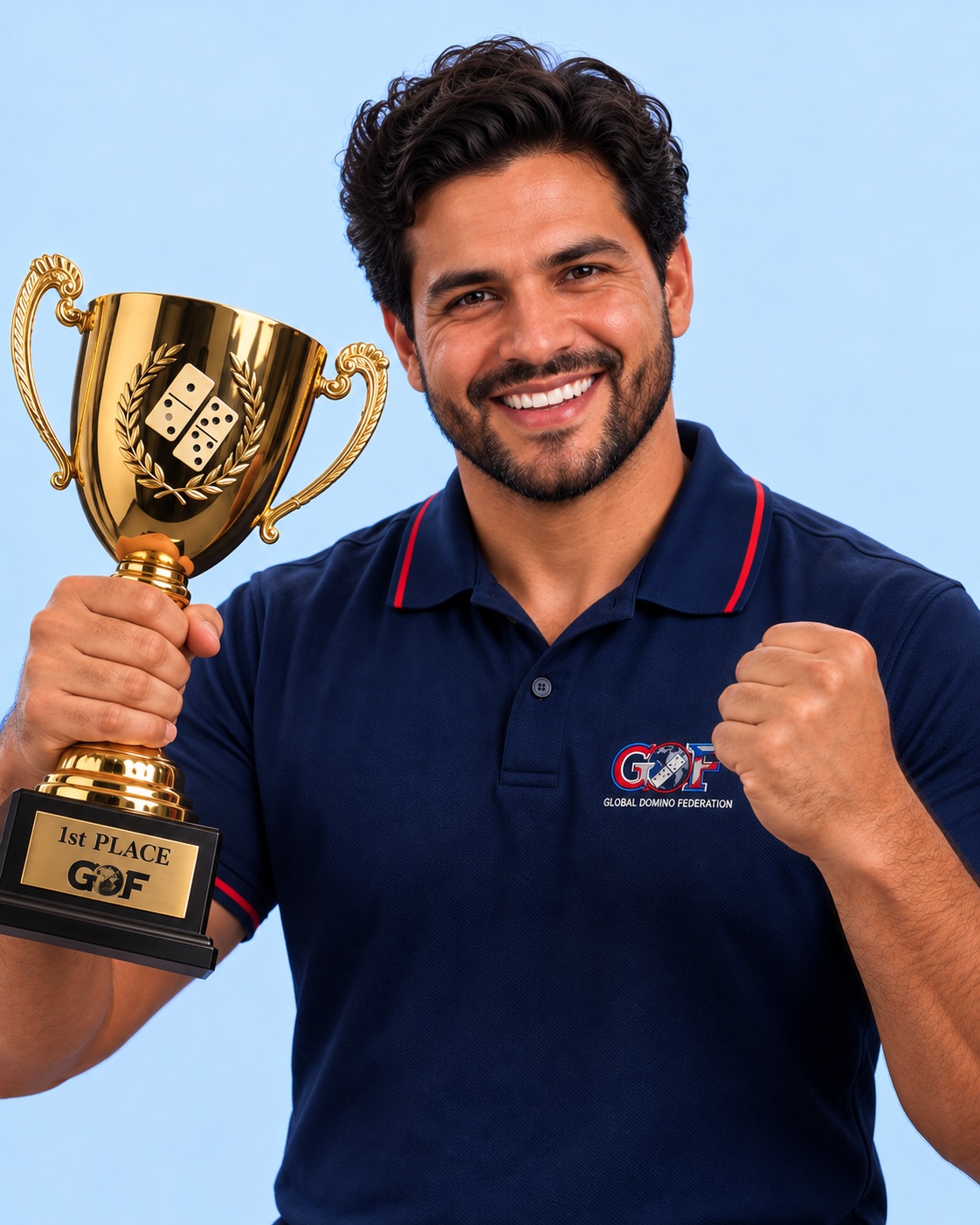 Jugador de dominó celebrando con un trofeo GDF